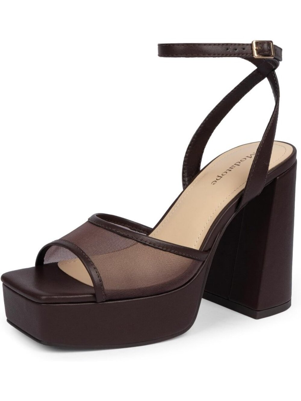 Women's Chocolate Faux Leather Chunky Open Toe Ankle Strap Wedding Pumps Heels